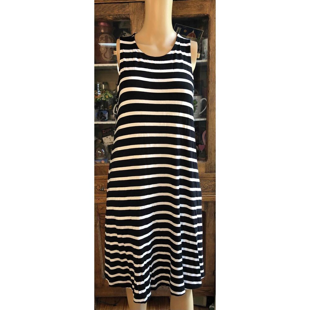 Old Navy Black White Striped Sleeveless A-Line Dress Womens Navy Medium Tall